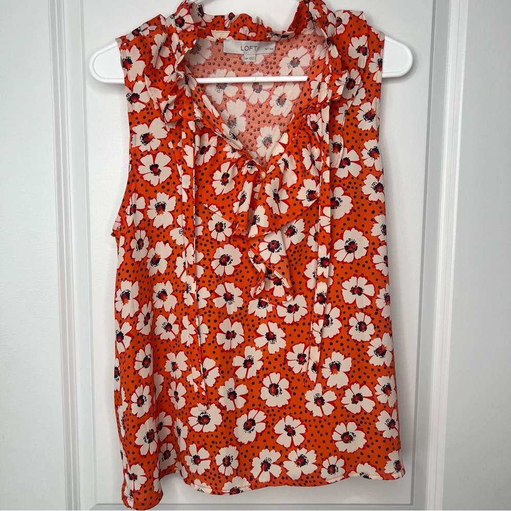 LOFT Floral Orange Blouse Top Ruffle Tie Neck Tie Front Sleeveless Size Medium